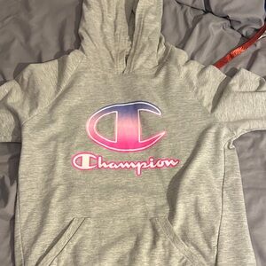 Champion Gray Hoodie with Pink and Blue Logo